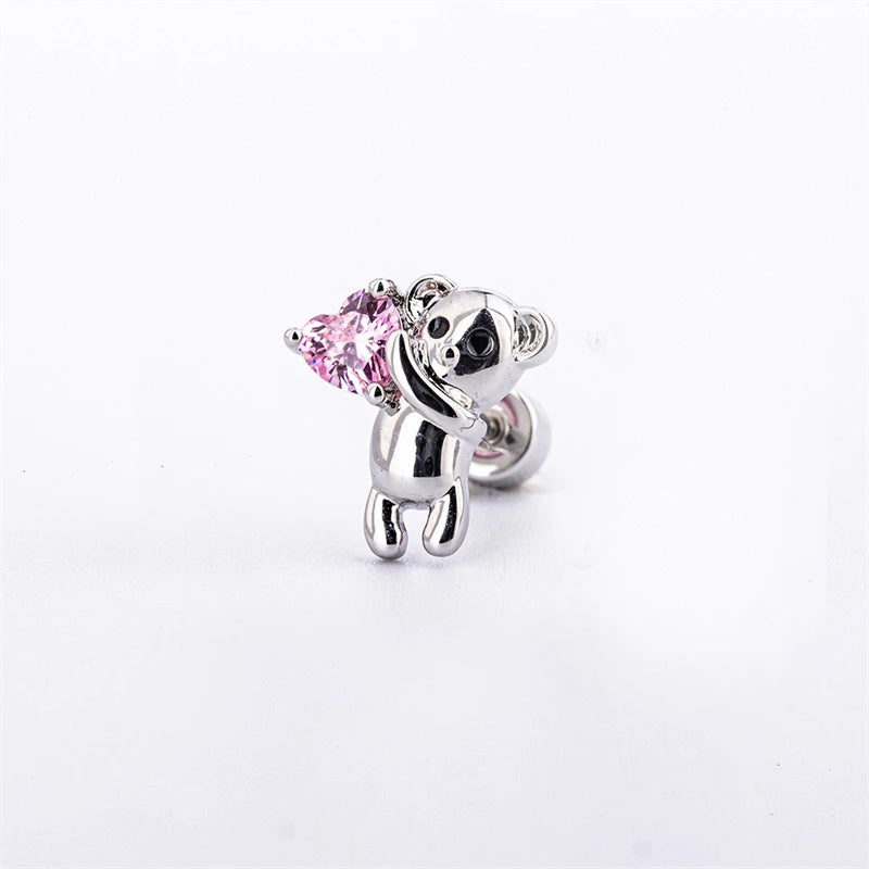 Lunivop 1 Pcs Cute Pink Zircon Bear Cross Love Heart 316L Stainless Steel Ear Bone Nail for Women Small Earrings Jewelry Birthday Gift