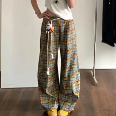 Lunivop  Summer White Pink Plaid Patchwork Pants for Women New High Waist Wide Leg Pants American Retro All-match Casual Trousers