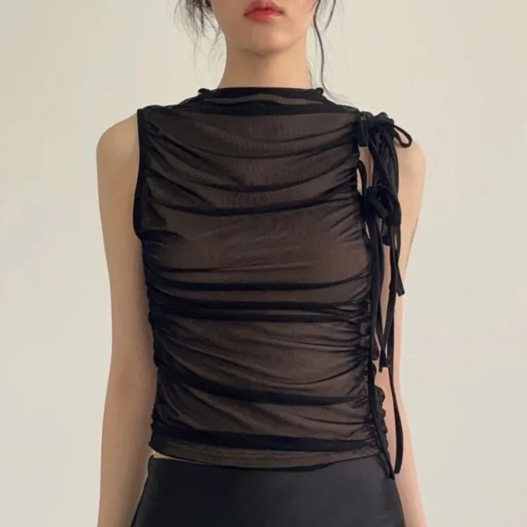 Lunivop  Y2k Grunge Tops Women Hollow Out Sleeveless Mesh Tops Streetwear Vintage Retro Tank Tops Lace Up 2000s Japanese Vest