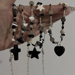 Lunivop Vintage Goth Cool Star Pendant Beaded Chain Necklace For Women Dopamine Black Star Beaded Necklace Kpop Y2K Jewelry Accessory