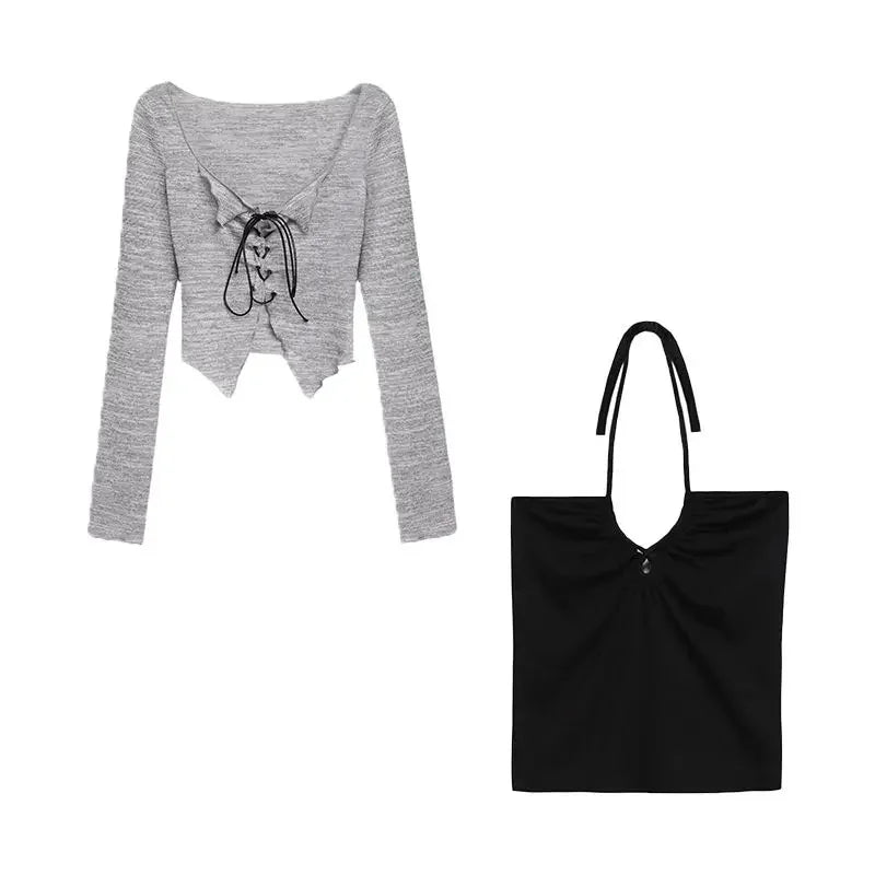 Lunivop Korean Two Piece Set Lace-up Cardigan with Cami Women's Sexy Slim Y2K Crop Long Sleeve Criss Cross Knit Tops Acubi Outfit