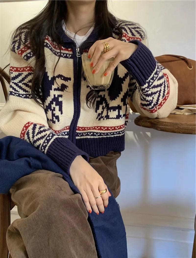 Lunivop Knitted Zip Up Cardigan Women Vintage Fair Isle Zipper Front Cropped Sweater Jacket Knitwear Autumn Winter Outfit