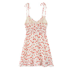 Lunivop  Women French Style Retro Cherry Fruit Print Wood ear Ruched Chest Bow Lacing Up Sling Dress Short Chiffon Dresses Holiday Robe