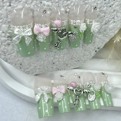 Lunivop  Y2K Vintage Gyaru French Lace Long Handmade Press On Nails Bow Pearl Polka Dot Clover Fake Nails Cute Mint Green Lolita Nail Art