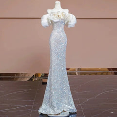 Lunivop  High End Luxury Ruffle Temperament Slash Neck Mermaid Dresses French Slim Waist Sequin Long Vestidos New Bling Evening Gown
