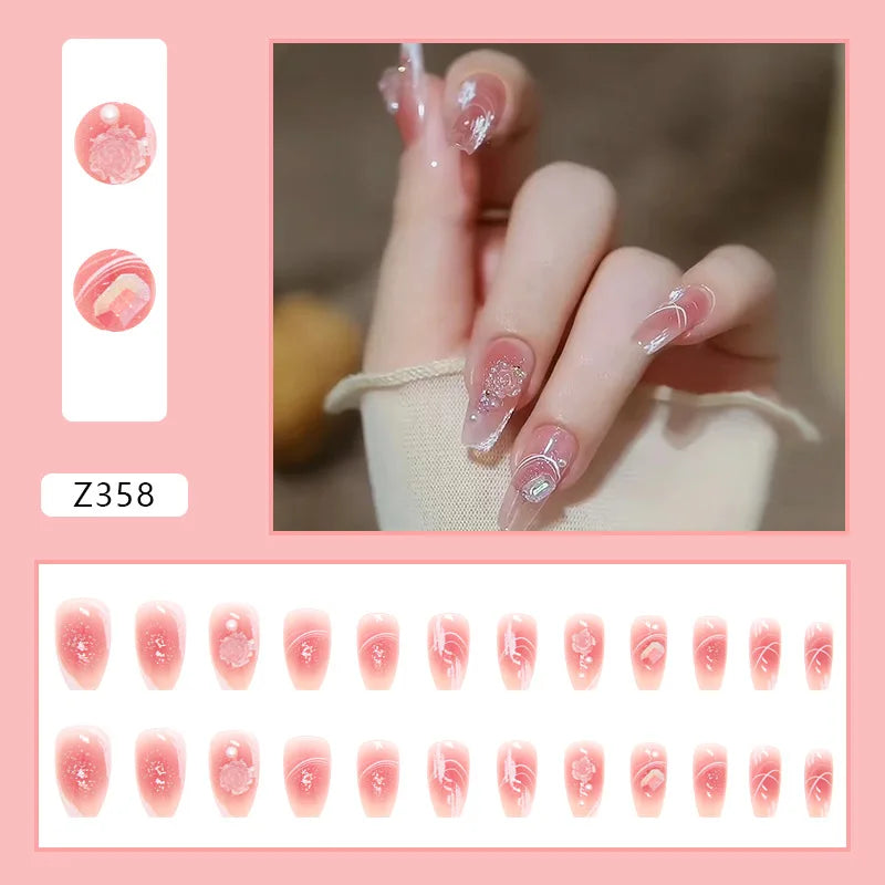 Lunivop  24pcs Fashion False Nails Ballet Press on Nails Pearl 3d Flower Realistic Nail Tips Artificial Finger Nail with Charms Removable