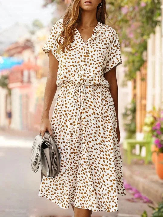 Lunivop  Summer Polka Dot Dress Ladies Leopard Print Shirt Dress Bohemian Mid-length Clothing High Waist Beachwear Vacation White Dress