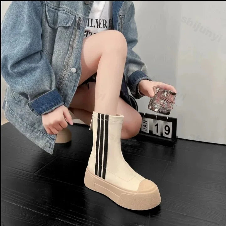 Lunivop New Designer Women's Elastic Boots Zip Shoe Comfort Women Shoes Platform High-top Female Sneakers Thick Sole Mid-calf Boots