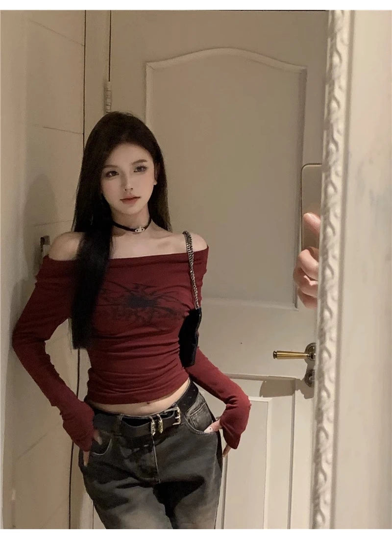 Lunivop Gothic Print Grunge T Shirt Women Long Sleeve Off Shoulder Y2k Vintage Tops Streetwear Korean Style Crop Top Autumn Winter