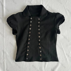 Lunivop  2000s Button punk Aesthetic solid color rop top casual fashion streetwear Hip-hop hot girl American Retro summer short T-shirts