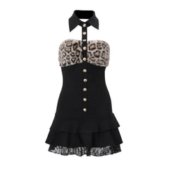 Lunivop  Elegant Party Dress Woman Evening Off Shoulder Dresses Sleeveless Dress Backless Mini Dress Leopard Print Black Halter Neck