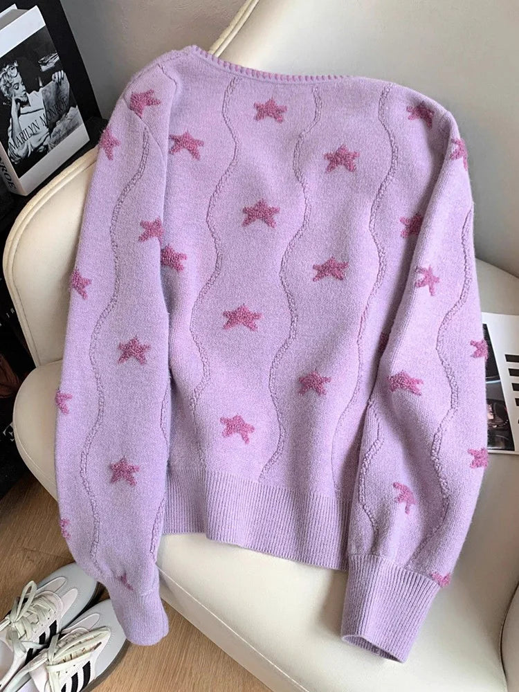 Lunivop Stars Print Vintage Cardigan Women Casual Cute Long Sleeve Loose Knitted Sweater Korean Retro O Neck Female Purple Tops New