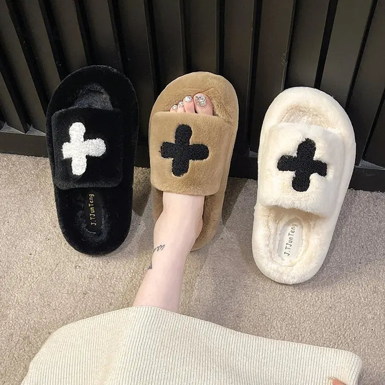 Lunivop Fluffy Fuzzy Slippers Women New Fashion Cross Cloth Winter Home Slides Open Toe Soft Sole Cotton Slippers Female Plush Shoe