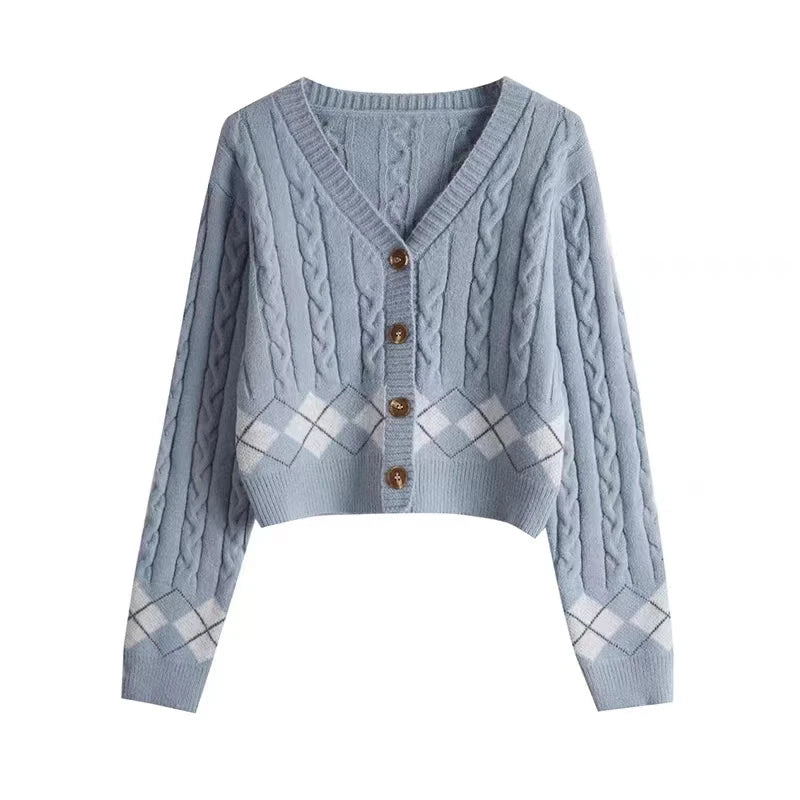 Lunivop Argyle Cable Knit Cardigan Sweater for Women Teen-girl Cozy Knitted Button Up Boxy Fit Sweater Preppy Chic Outfit