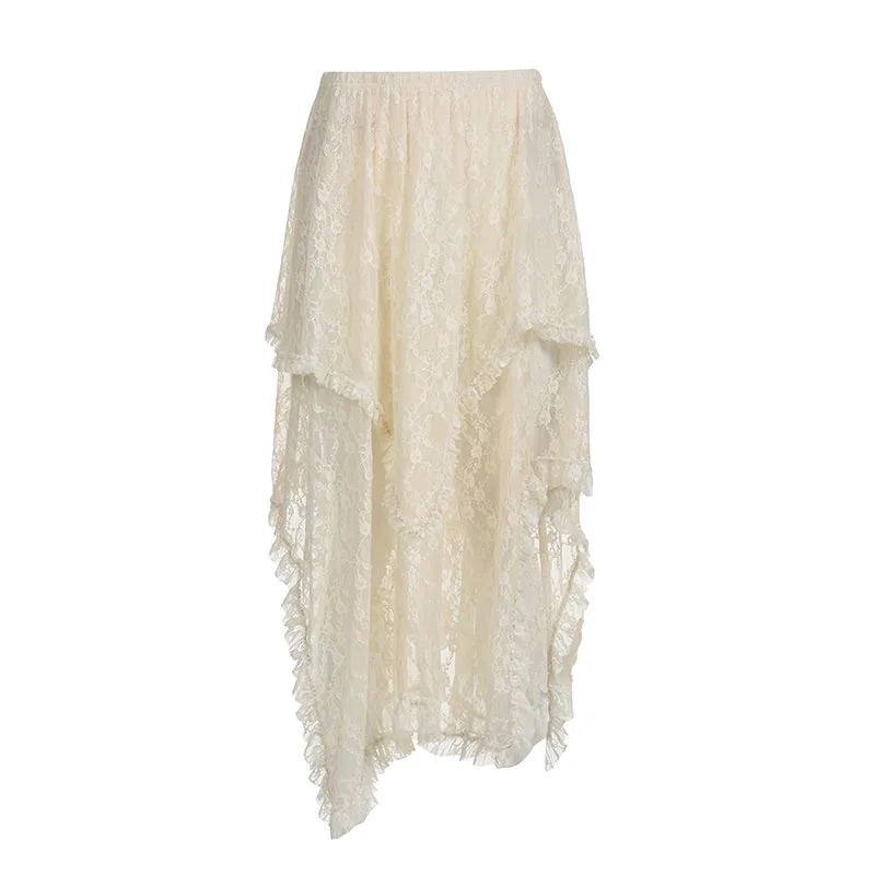 Lunivop Lace Vintage Long Skirts Irregular Holiday Y2k Skirts for Women Boho Tulle Elegant See Through Midi Skirt High Waist