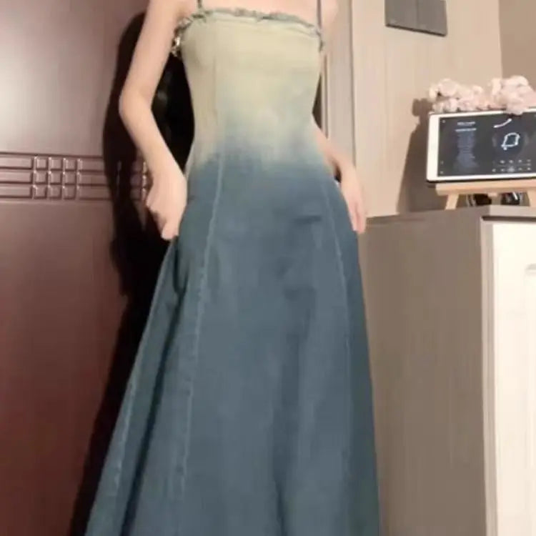 Lunivop  French Vintage Gradient Denim Strap Dress Women's Summer New Style Slimming Sleeveless Midi Skirt Retro Waist-Cinching Dress