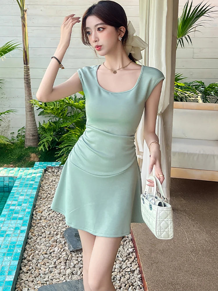 Lunivop  Women Green Knitted Short Sleeve O-Neck Mini Dress Summer Pleated Bodycon Hip Wrap Dress Korean Fashion Casual Party Dress