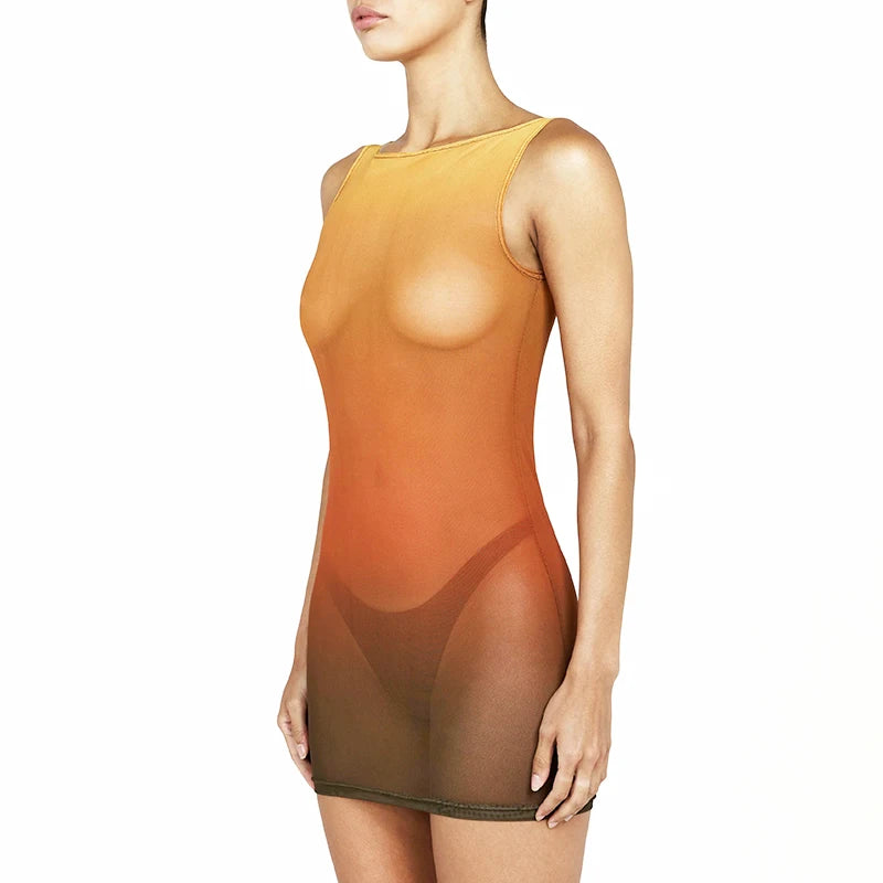 Lunivop Sexy Women Fashion Y2K Gradient Sleeveless Mesh Club Party Dress 2024 Summer Beach Mini Slim High Waist Elegant Dress