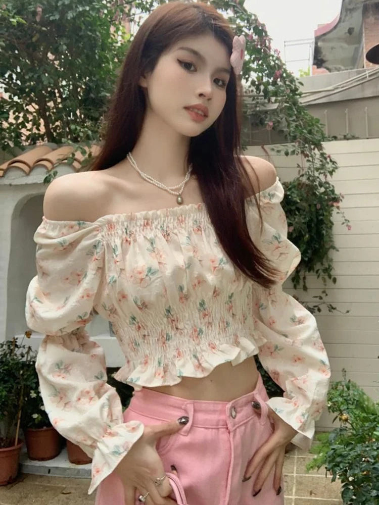 Lunivop   Floral Sweet Cropped Shirt Women Sexy Slim Long Sleeve Elegant Blouse French Vintage Square Collar Casual Off Shoulder Tops