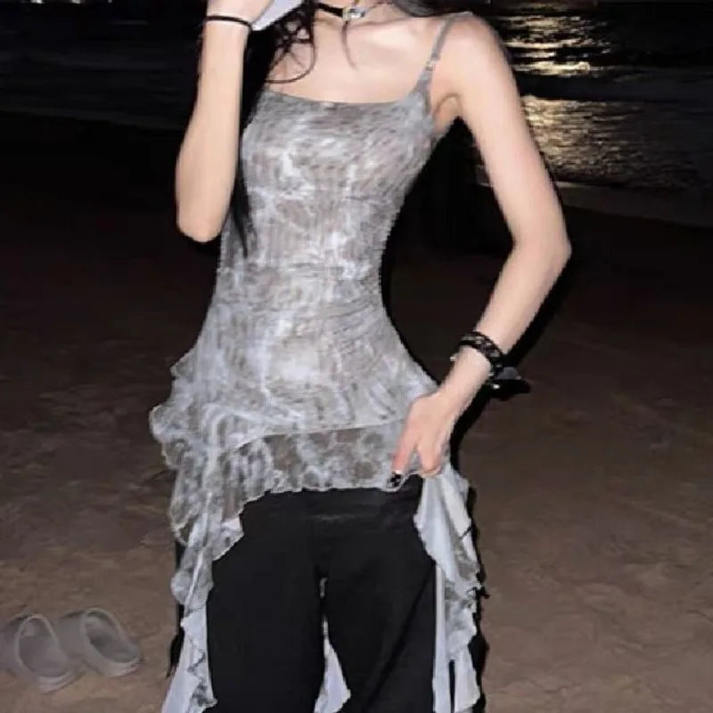 Lunivop  Vintage Tie Dye Ruffles Camisole Vest for Women 2025 Summer New Mesh Tank Top Irregular Slim Fit Sleeveless Tops Mujer