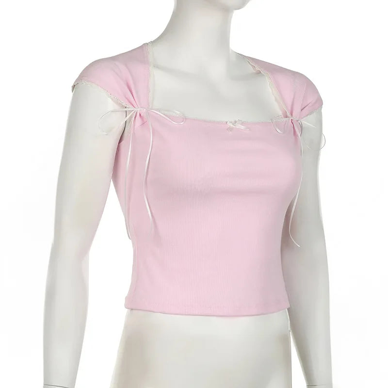Lunivop Y2K  Bow Splicing Square Collar Small Flying Sleeve T-Shirt 2024 New Lace Edge Color Matching Slim Fit Casual Shirt Summer
