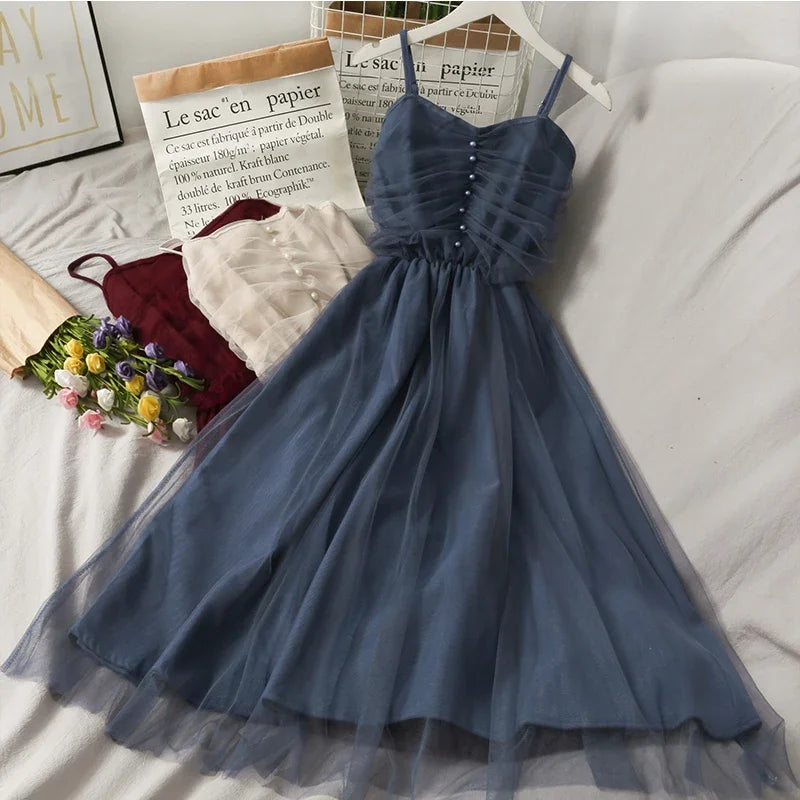 Lunivop  Chic Fashion Women Summer Elegant Temperament High Waist Slim Gauze Camisole Dresses Vintage All Match Solid