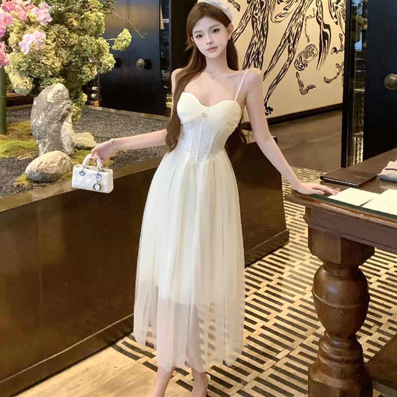 Lunivop  White Mesh Patchowrk Lace Diamonds Chic Sling Dress for Women Summer Elegant Luxury Dress Gown 2025 Korean Vintage Evening Dress