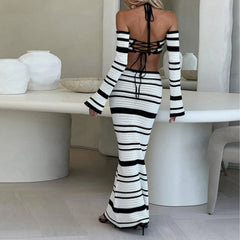 Lunivop  Knit Stripe Women 2 Piece Set Halter Slash Neck Lace Up Long Sleeve Tops and Maxi Skirts Sexy Mujer Club Midnight Suit