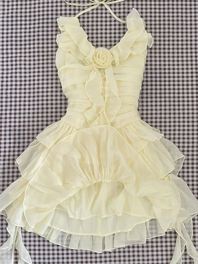 Lunivop  Slim Sweet Ruffles Dress Women Fashion 3D Floral Casual Elegant Mini Dress Summer Sexy Sleeveless Lady Yellow Cake Vestidos