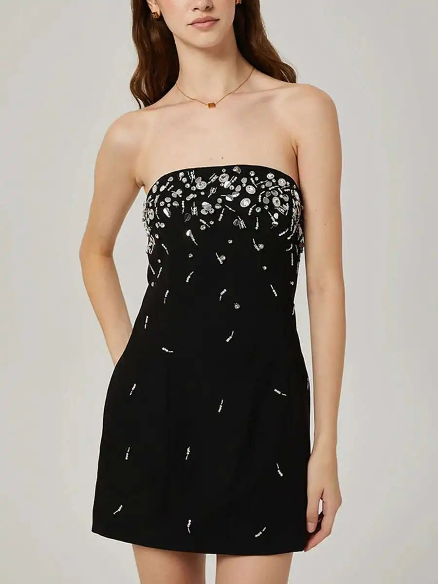 Lunivop Mini Dress For Women Strapless Splicing Beading Dress For 2025 Women's Black Elegant Fashion New Style Spring