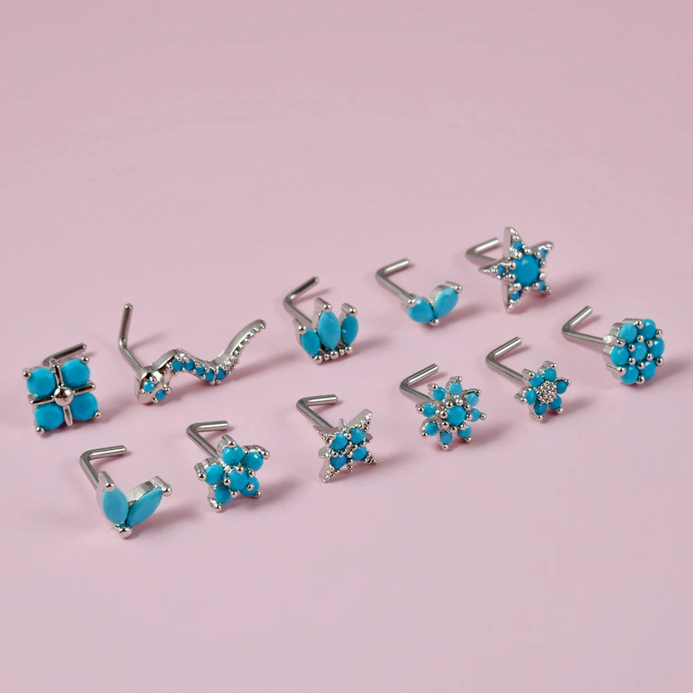 Lunivop 1PC Turquoise Nose Bone Ring Marquise Gem Sunflower L Shape Nose Stud 20g Ear Lobe Piercing Tragus Earrings Piercing Jewelry