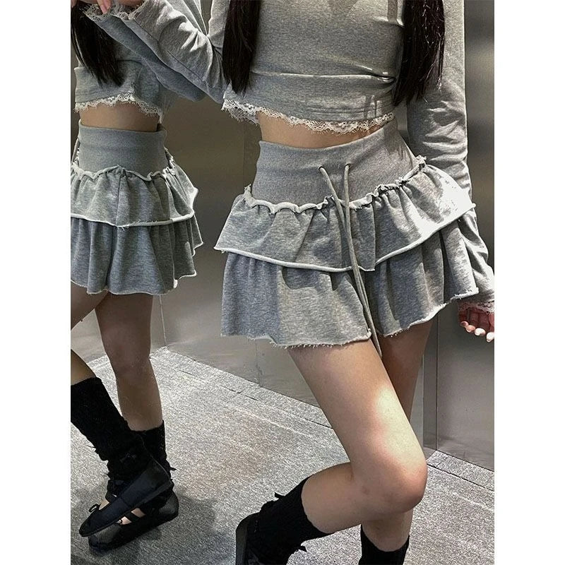 Lunivop Sweet Kawaii Ruffle Mini Skirt Korean Style Cake Lace Up Layered Skirts Elegant Sexy Casual Patchwork Solid Short Skirt