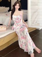 Lunivop  Women Dresses Sleeveless Slash Neck Gradient Floral Printed Mesh Patchwork Slim Vintage Elegant Party Dress Ladies