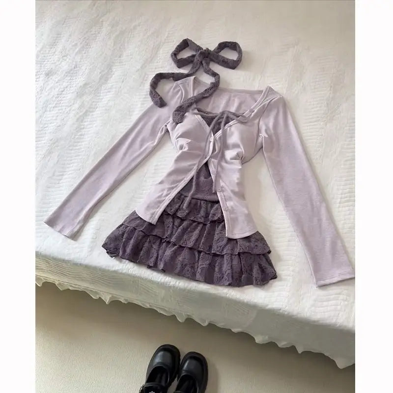 Lunivop  Sweet Fake Two Piece Long Sleeve Top for Women+ Y2k High Waist A-line Skirts Two Piece Sets 2025 Summer Fashion New