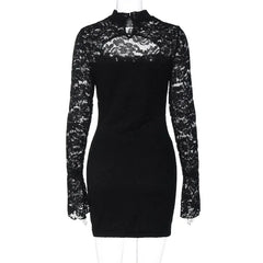 Lunivop  Hollow Out See Through Lace Patchwork Bodycon Mini Dress Women O Neck Long Sleeve Hipster Slim Night Clubwear Party Outfits