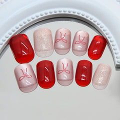 Lunivop  24pcs Self-adhesive Coffin Press on Nails Summer Red Ribbon Short Sweet False Nails Cat Eye Cheap Nail Tips Glued Nails Set