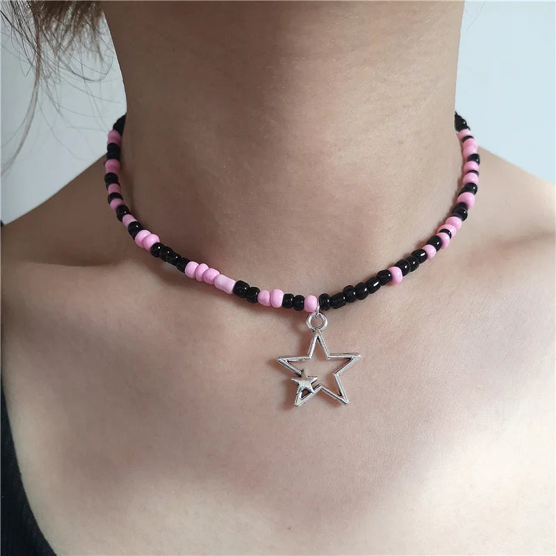 Lunivop Dopamine Pink Pendant Black Beaded Necklace For Women Sweet Cute Heart Flower Star Neck Chain Y2K Fashion Jewelry