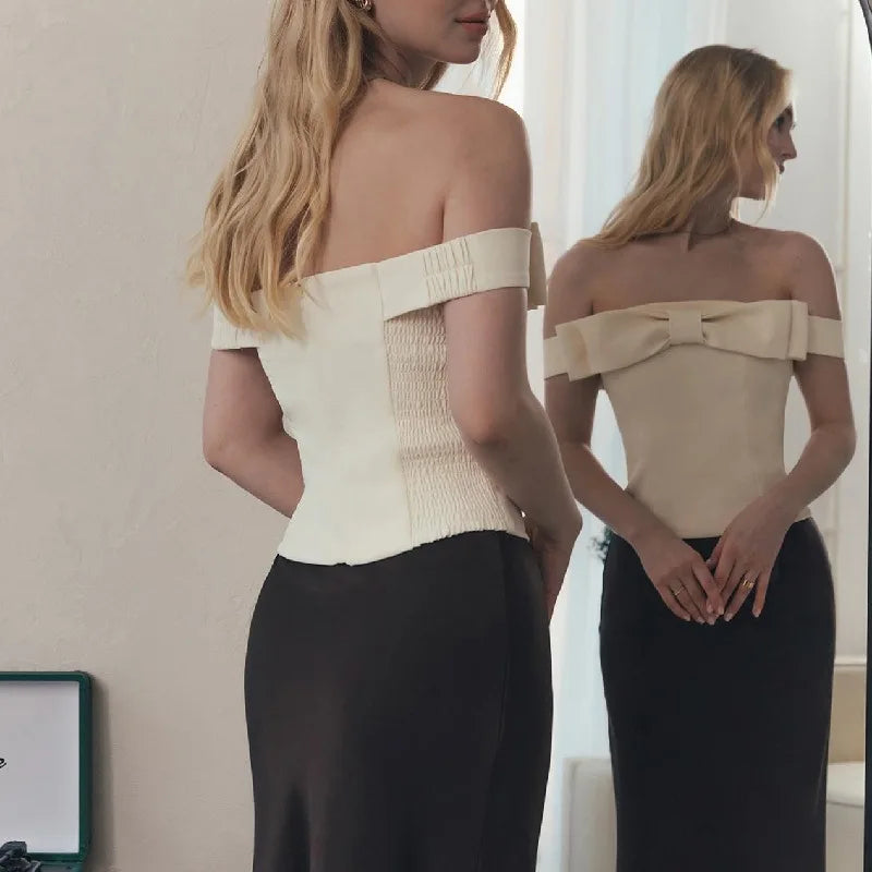 Lunivop One-Shoulder Bow Short Top For Women Lace Up Sexy Backless Slim Fit T-Shirt Hot Girl Solid Color Splice Tops Summer New