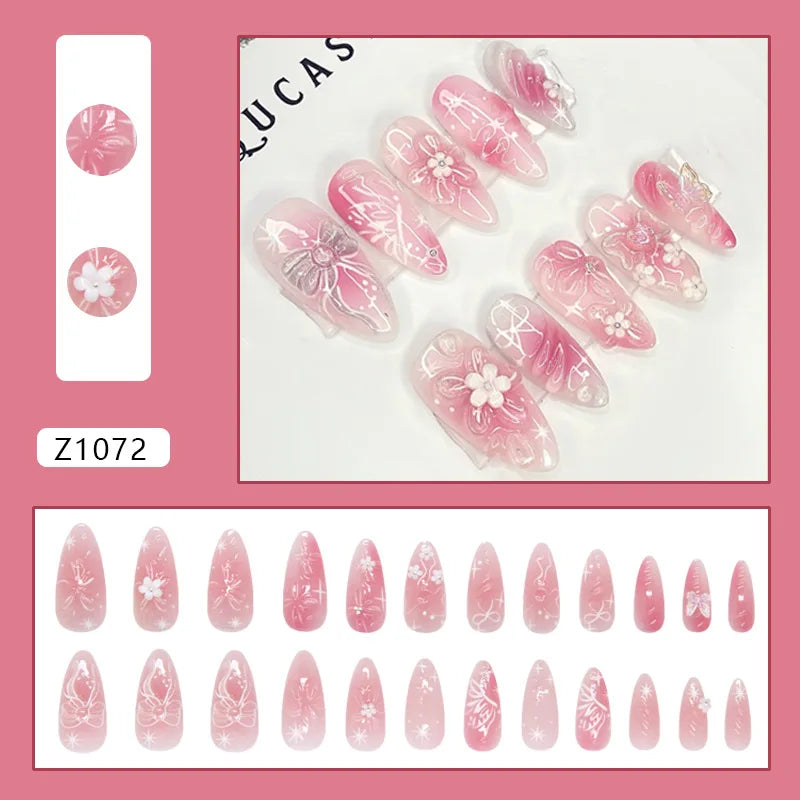 Lunivop  24pcs Press on Nails Acrylic with Tools 3D Butterfly Flowers Nail Tips Sweet Pink False Nails To Stick Almonds Nail Art Women