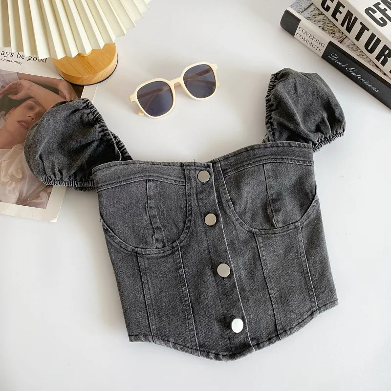 Lunivop Denim Corset Top Summer Button Up Puff Sleeve Smocked Back Slim Fit Crop Tops Teen-girl Women Outfit