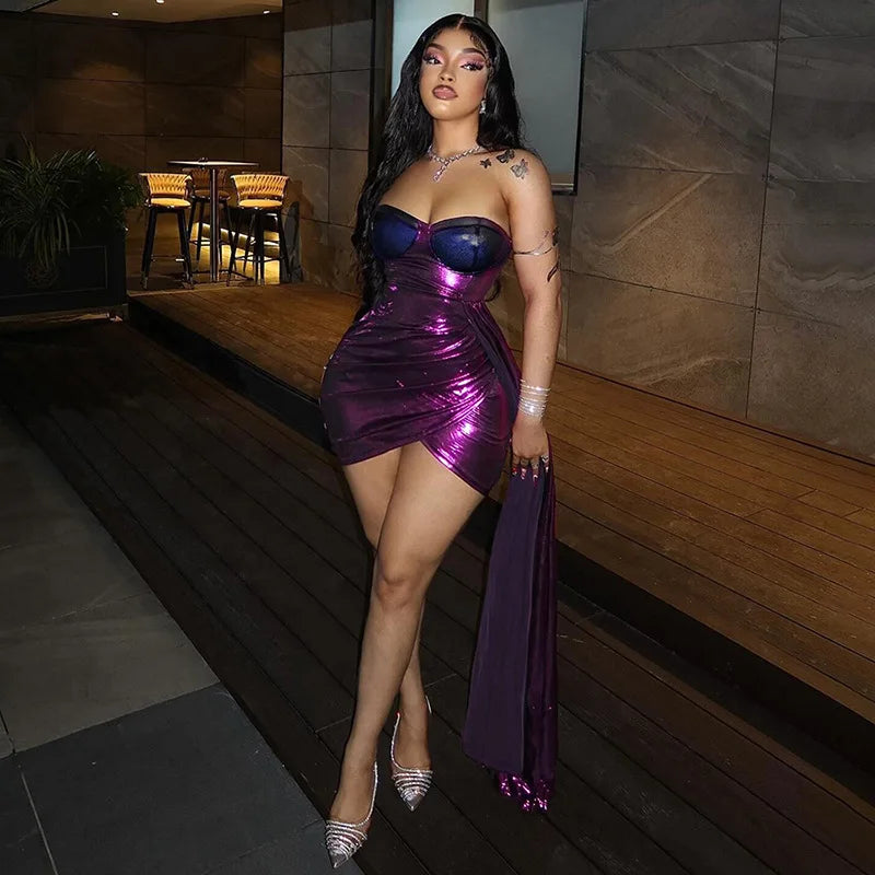 Lunivop Sexy Purple Bodycon Dresses For Women 2025 Party Night Clubwear Outfits Strapless Backless Draped Mini Dress