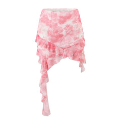 Lunivop  Sexy Package Hip Pink Print Ruffle Ribbon Mini Dress Women Elastic Waist Holiday Boho Beach Summer Skirts New