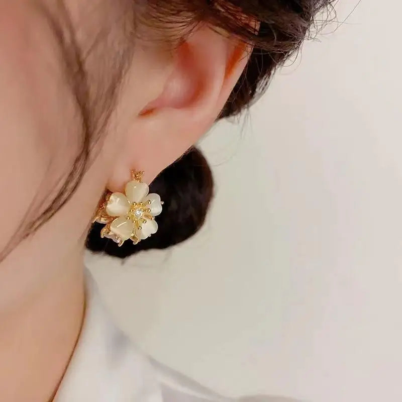 Lunivop Trendy Exquisite Luxury Two Side Zircon Flower Hook Earrings for Women Temperament Cat Eye Stone Stud Earrings Jewelry