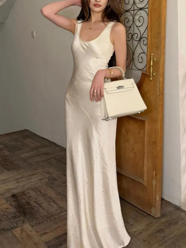 Lunivop New Satin Solid Elegant Chic Mermaid Dresses Spring SummerSleeveless Bodycon Slim Wasit Evening Wedding  Party Woman Dress