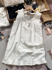 Lunivop  Flower Embroidery White Tank Dress Women Ruffles Square Collar Cotton Sleeveless Vestido Summer Solid Sweet Casual Short Dresses