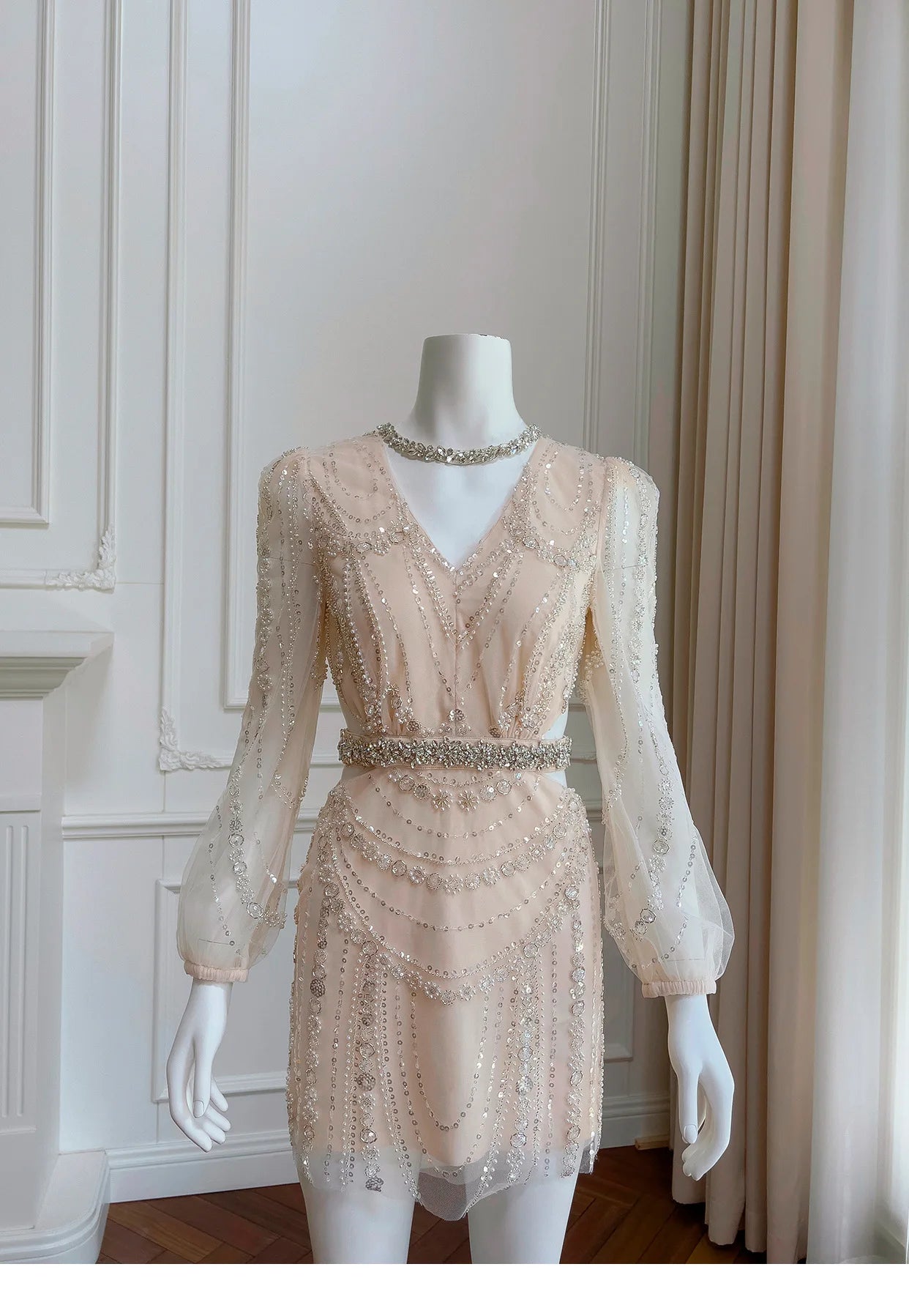 Lunivop  2025 Spring New Bead Sequin Embellishment Glamorous Women Dress V - Neck Long Puff Sleeve Short Dresses Female