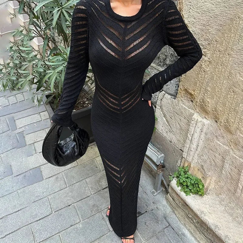 Lunivop Elegant O Neck Knitted Hollow Out Long Dress Female High Waist Bodycon Dress Fashion Party Dress Full Sleeve Solid Color