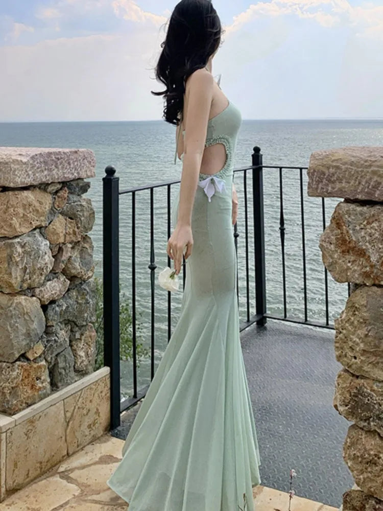 Lunivop Spring Summer Green Mesh Chic Bow Hollow Out Dresses Women Fashion Bodycon Sexy Neck-mounted 2025 Korean Elegant Party Dress