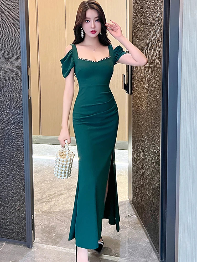 Lunivop  Women Red Diamonds Square Collar Sexy Maxi Dress Summer Short Sleeve Elegant Festival Party Dress Korean Vintage Prom Dress