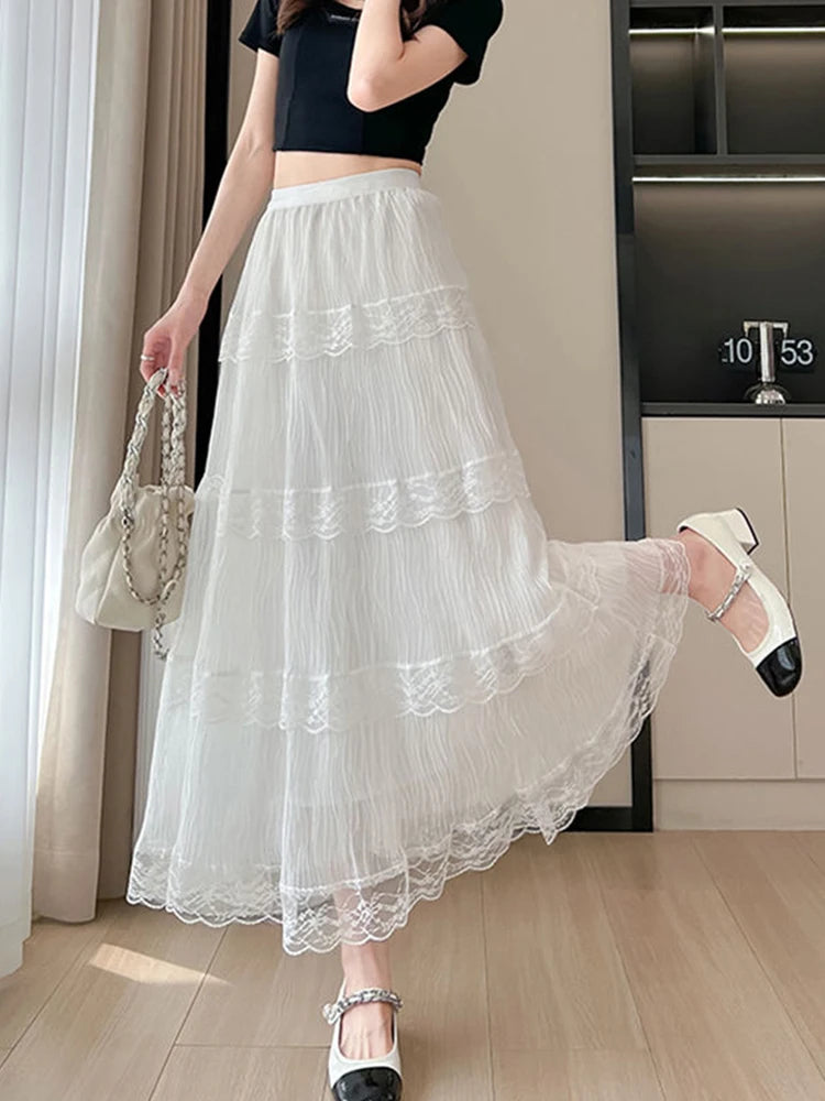 Lunivop  Retro Sweet Black Long Skirt Women Casual Loose High Waist Elegant Skirt Vintage Lace Patchwork Korean Summer Long Skirts